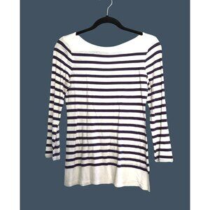 COMFORT ZONE- WOMENS WHITE/NAVY STRIPE 3/4 SLEEVE 100% COTTON SHIRT SIZE MEDIUM